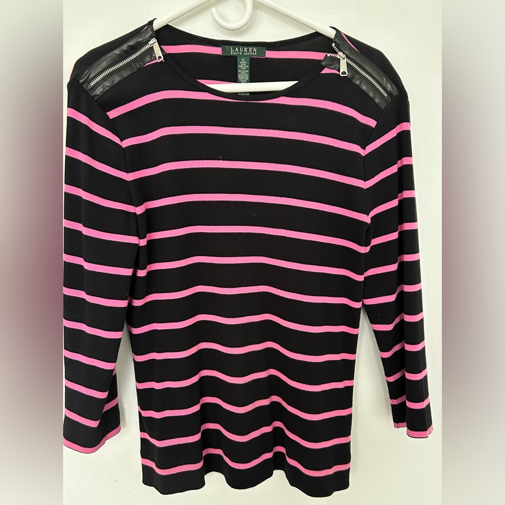 🔥🔥Lauren Women's L Black Pink Striped Shirt Zipper